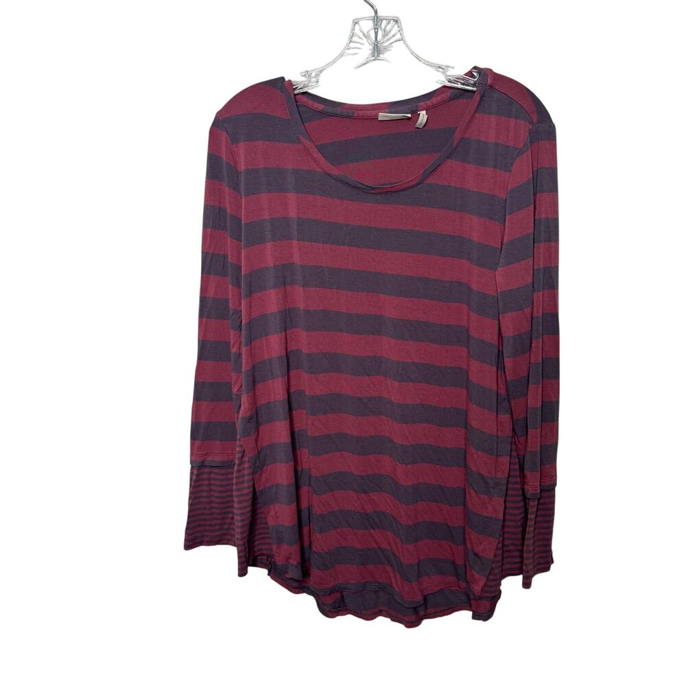 LOGO Lori Goldstein Striped Long Sleeve Tunic Top Burgundy Gray L Casual Comfy